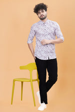 Men's Printed White Slim Fit Satin Casual Shirt with Spread Collar