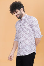 Men's Printed White Slim Fit Satin Casual Shirt with Spread Collar