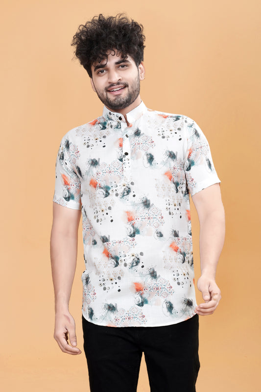 Men Casual white Abstract printed Lilen shirt