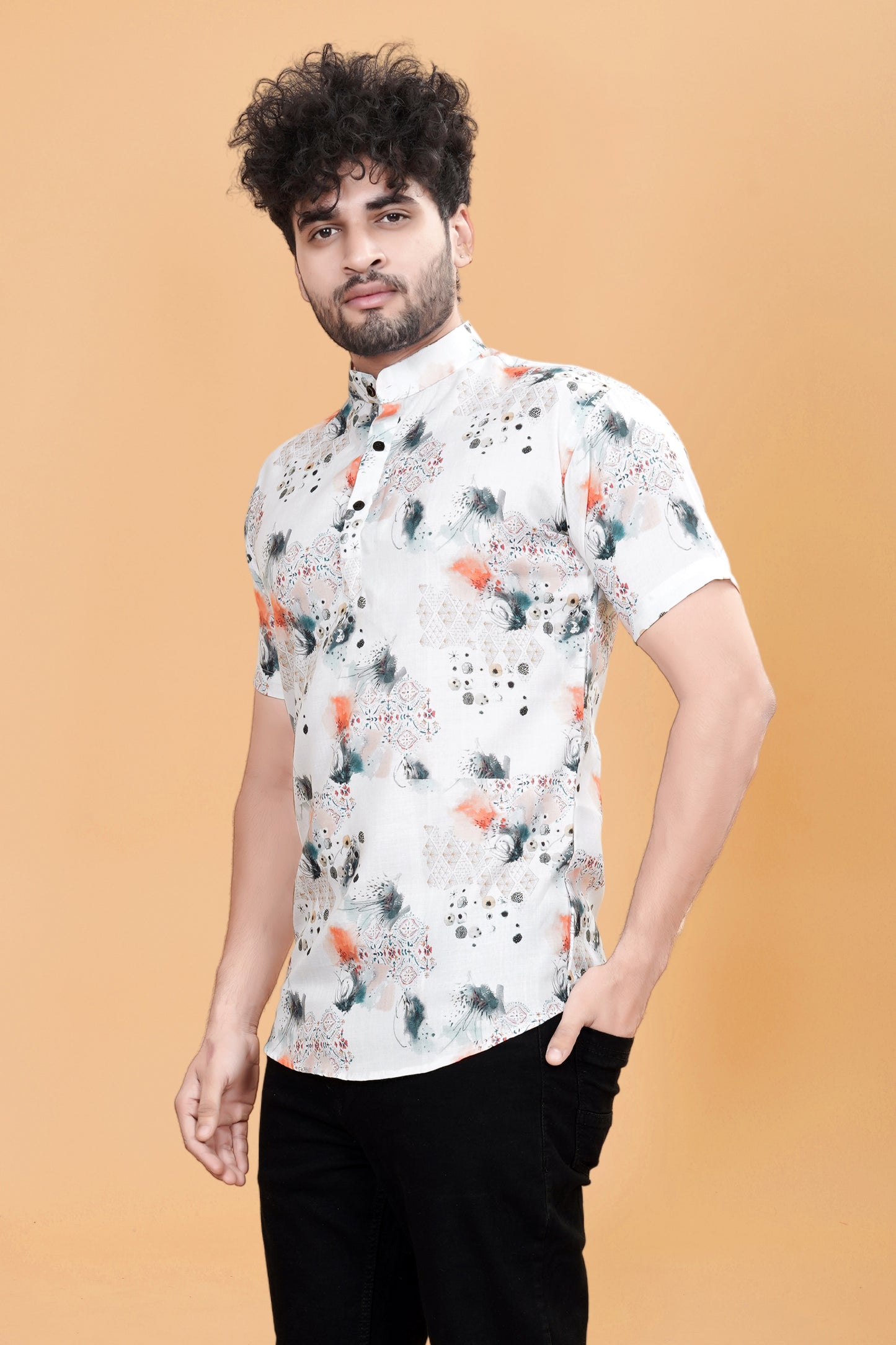 Men Casual white Abstract printed Lilen shirt