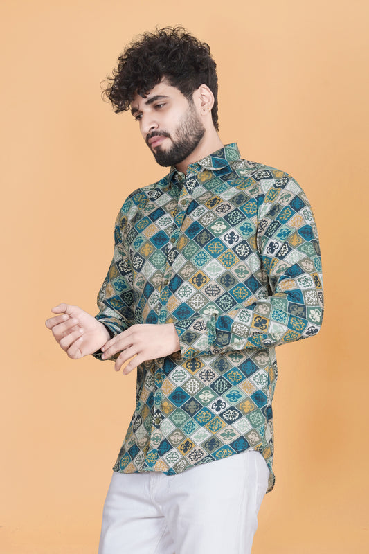 Tistabene Teal Blue Floral Printed Full Sleeves Cotton Shirt